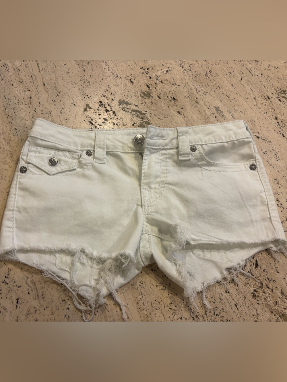 True Religion White Distressed Denim Cutoff Shorts